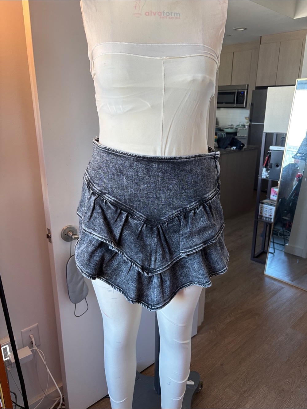 MOTHER Acid Wash Black Tiered Ruffle Mini Skirt